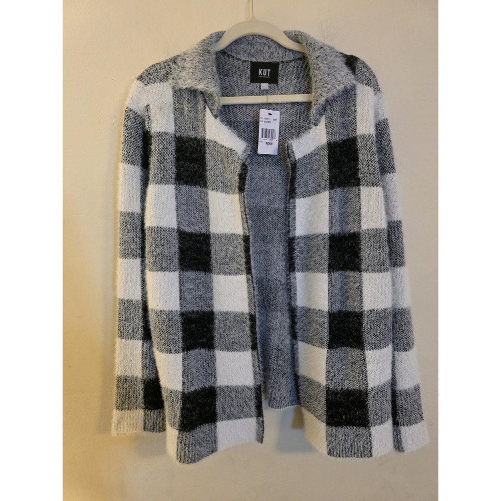Kut from the Kloth Buffalo Plaid Cardigan Black White Eyelash Knit M NWT**READ**